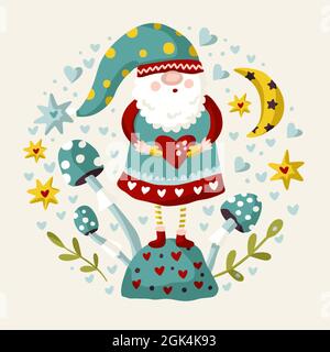 Vektor niedlichen Märchen Garten Gnome mit Herz und Pilz. Cartoon elf Kind Illustration für den Druck. Valentinstag- und Weihnachtsdesign. Wald Sommer Runde verzierte Zeichnung Stock Vektor