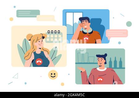 Konzept der Videokonferenz oder Web-Kommunikation. Remote-Video-Meeting mit Kollegen und Freunden. Online-Diskussion oder virtuelle Unternehmensvideokonferenz mit Mitarbeitern. Arbeit von zu Hause flache Illustration Stock Vektor