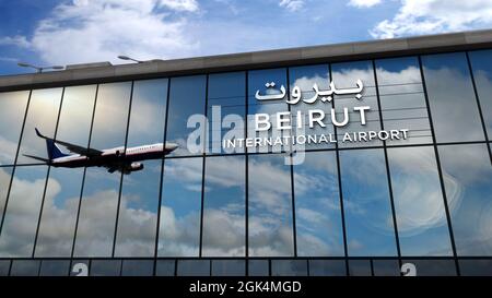 Flugzeuge landen in Beirut, Libanon 3D-Darstellung. Ankunft in der Stadt mit dem Flughafen-Terminal aus Glas und Reflexion des Düsenflugzeugs. Reisen Stockfoto