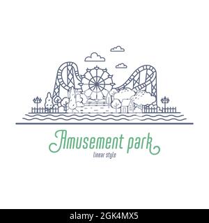 Vergnügungspark dünne Linie Vektor-Illustration. Riesenrad und Achterbahn im Park. Vektordarstellung im Umriss-Stil auf weißem Hintergrund. Stock Vektor