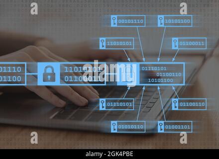Hände einer europäischen Dame, die auf dem Laptop tippt. Entwicklung digitaler Softwaretechnologie, Datenübertragung und verschlüsselte Blöcke Stockfoto