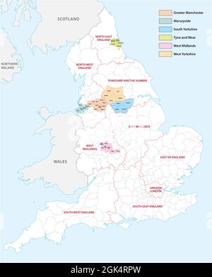 Vektorkarte der sechs Metropolbezirke von England, Vereinigtes Königreich Stock Vektor