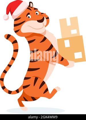 Cartoon lächelnden Tiger in Santa Hut liefert Paket Stock Vektor