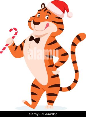 Cartoon glücklich Tiger mit Weihnachten Zuckerrohr. Stock Vektor