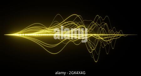 Abstrakte Visualisierung von Schallwellen mit unterschiedlicher Frequenz oder Wellenlänge, helle leuchtende Farben vor schwarzem Hintergrund, Wissenschaftsforschungskonzept Stockfoto