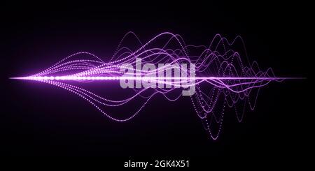 Abstrakte Visualisierung von Schallwellen mit unterschiedlicher Frequenz oder Wellenlänge, helle leuchtende Farben vor schwarzem Hintergrund, Wissenschaftsforschungskonzept Stockfoto