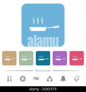 Glänzende, dampfende Bratpfanne, Seitenansicht mit weißen flachen Symbolen auf abgerundeten quadratischen Hintergründen. 6 Bonus-Symbole enthalten Stock Vektor