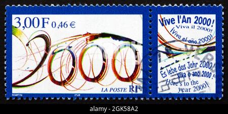 FRANKREICH - UM 1999: Eine in Frankreich gedruckte Briefmarke zeigt die besten Wünsche für das Jahr 2000, um 1999 Stockfoto