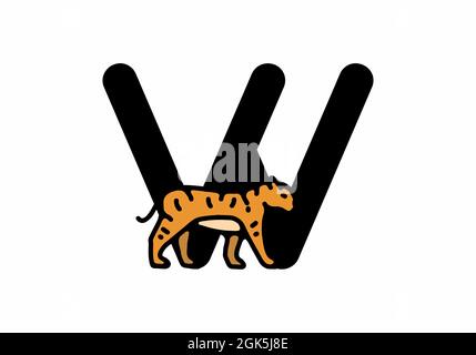 Linienkunst Illustration des Tigers mit W Anfangsbuchstaben Design Stock Vektor