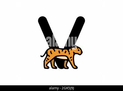 Linienkunst-Illustration des Tigers mit V-Anfangsbuchstaben Stock Vektor