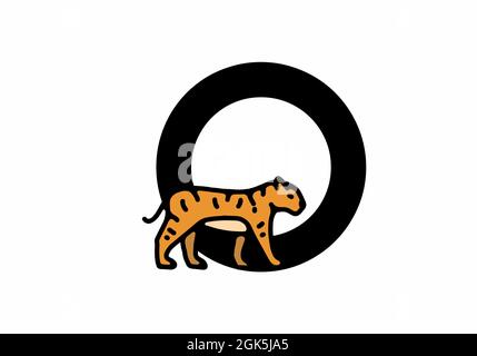 Linienkunst-Illustration des Tigers mit O-Anfangsbuchstaben-Design Stock Vektor