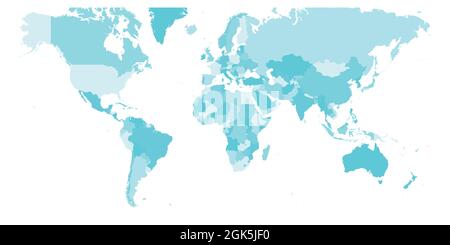 Weltkarte. Mercator-Projektion. Hoch detaillierte politische Karte von Ländern und abhängigen Gebieten. Einfache flache Vektordarstellung Stock Vektor