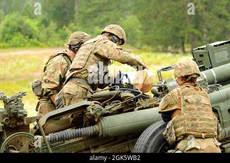 Soldaten mit Charlie Battery, 1. Bataillon, 119. Field Artillery Regiment, Michigan Army National Guard, mit Sitz in Albion, Michigan, bereiten sich darauf vor, die M777-Hauwitzer während des Northern Strike 21-2 im Camp Greyling Joint Maneuver Training Center, Greyling, Michigan, am 10. August 2021 zu feuern. Northern Strike maximiert die Kampfbereitschaft durch anpassungsfähige, kosteneffektive Schulungen, die von individualisierten taktischen Fähigkeiten bis hin zu gleichrangigen Bedrohungen und kombinierten Rüstungsumgebungen reichen, die auf die Integration von Joint und Coalition Force und die Konvergenz von Domänen ausgerichtet sind. Stockfoto