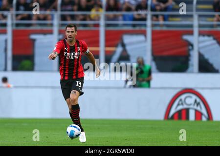 Mailand, Italien. 12. September 2021. Alessio Romagnoli von AC Mailand in Aktion während der Serie A Spiel zwischen AC Mailand und SS Lazio. Stockfoto