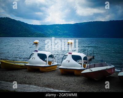 Weiße Gänsepedalboote am Lake Towada in Aomori, Japan Stockfoto