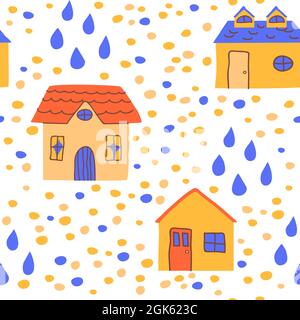 Niedliche naive Häuser nahtlose Muster in Hand gezeichnet Stil. Stock Vektor
