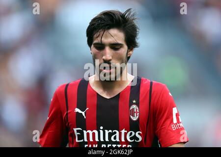 Mailand, Italien. 12. September 2021. Sandro Tonali vom AC Mailand sieht während der Serie Ein Spiel zwischen AC Mailand und SS Lazio. Stockfoto