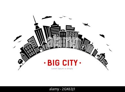 Die schwarze Großstadt. Rundpanorama der Stadtgebäude. Banner ein leeres Leerzeichen für Text. Stock Vektor