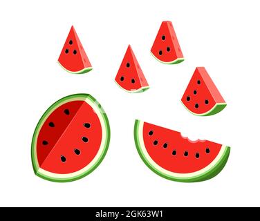 Stellen Sie realistische Illustration Wassermelone Stück. Halbe Wassermelone mit Samen. Stock Vektor