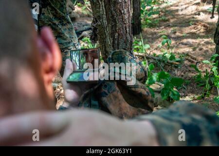 U.S. Marine Corps PFC. Robert Allen, ein Schüler der Marine Corps School of Infantry-East, trägt während des Infantry Marine Course (IMC) im Marine Corps Base Camp Lejeune, North Carolina, am 12. August 2021 Tarnfarbe auf. Das IMC ist ein 14-wöchiges Unterrichtsprogramm, das darauf ausgelegt ist, höher qualifizierte und tödlichere Infanteriemarinen zu schaffen, die für den Wettbewerb und Konflikt des 21. Jahrhunderts vorbereitet sind. Stockfoto