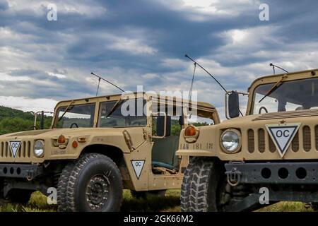 Bedeckter Himmel ist sichtbar hinter Humvees, der Beobachtertrainer/Trainern mit der 4. Kavallerie Multi-Functional Training Brigade zugewiesen wurde, bei den Kampfunterstützungsübungen 78-21-04 am 12. August 2021 in Fort McCoy, Wisconsin. Stockfoto