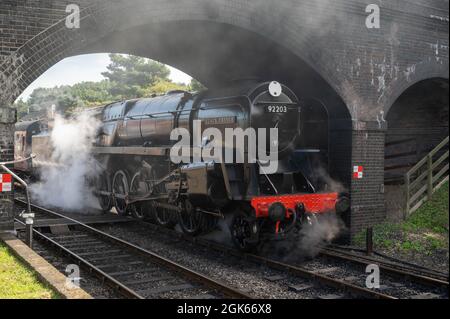 Die Dampflokomotive Black Prince am Weyborne Bahnhof wartet darauf, die auf der berühmten Norfolk Poppy Linie zu verlassen Stockfoto