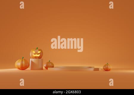 3D Rendering halloween Kürbisse und Podium Hintergrund für Produktanzeige. Stockfoto