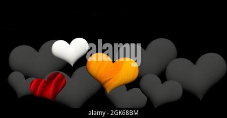 3D-Rendering von schwarzen und bunten Herzen. Postkarte valentine in dunkler Farbe. Stockfoto