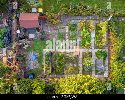 Luftaufnahme eines Zuteilungsgrundstücks mit Hochbetten und einem Schuppen, in York, North Yorkshire, Großbritannien Stockfoto