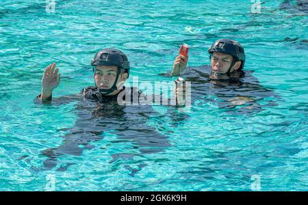 STENNIS SPACE CENTER, Mississippi -- Internationale Partner aus den Bahamas, Malaysia, Thailand und den Philippinen führen einen Schwimmtest durch, um sicherzustellen, dass ihre taktischen Wasserwesten sie vor ihrer ersten Wassersitzung des Patrol Craft Officer-Coastal Course von NAVSCIATTS über Wasser halten. PCOC ist ein siebenwöchiger maritimer Lehrgang, der das Personal der ausländischen Sicherheitskräfte mit einer speziellen Ausbildung in der Beschäftigung von kleinen Patrouillenschiffen ausstatten soll, um Sicherheitsoperationen in der Küstenumgebung zur Unterstützung von Seeoperationen durchzuführen. NAVSCIATTS ist ein Schulhaus für Sicherheitskooperationen Stockfoto