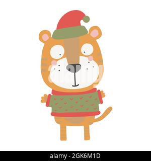 Tiger, Weihnachtskatze. Niedliches Tier in Hut und Pullover. Kinderdruck für den Kindergarten im skandinavischen Stil. Ideal für Kinderplakate, Post Stock Vektor