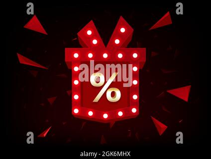 Isoliertes Prozentsymbol für den Umsatz auf der goldenen Geschenkbox. Vektorsymbol für Sonderangebote. Rabatt-Zeichen auf dunklem Hintergrund Stock Vektor