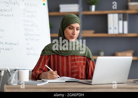 Islamischer Lehrer im Kopftuch sitzt am Schreibtisch und schaut auf den Laptop Stockfoto
