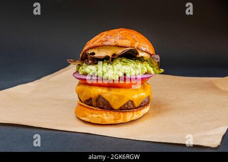 Rindfleisch-Burger nach mexikanischem Stil mit geschmolzenem Cheddar-Käse, reifen Tomatenscheiben und roten Zwiebeln, Guacamole-Pasta und Salat sowie glänzendem Brot Stockfoto