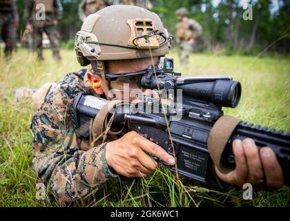 US-Marineinfanteristen mit dem bataillon des 2d Combat Engineer der 2D Marine Division legen ein Antipersonenhindernis Breaching System (APOBS) auf Lager Lejeune, N.C., 18. August 2021. Die APOBS ist ein Sprengstoffladestystem, das manuell platziert und abgefeuert wird, um Truppen im Kampf einen Fußpfad zu räumen. Stockfoto