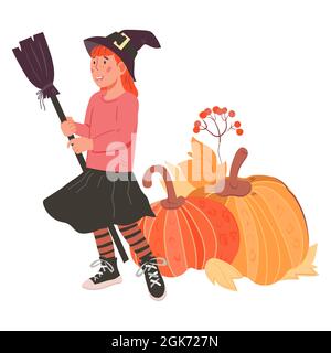 Halloween-Illustration des Kindes in Kostüm von Hexe und Kürbisse Vektor isoliert. Stock Vektor