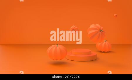 Sammlung von Kürbissen auf minimaler Bühne, oranger Hintergrund. 3d Rendering Illustration, schönes Banner für Party-Einladung, Grußkarte, Anzeige Ihrer p Stockfoto