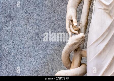 Detail einer antiken Marmorskulptur, die eine Hand zeigt, die einen Schlangenkopf berührt Stockfoto
