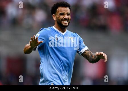 Mailand, Italien. 12. September 2021. Der FC Lazio reagiert während des Fußballspiels der Serie A zwischen dem AC Mailand und der SS Lazio auf den FC Lazio. Kredit: Nicolò Campo/Alamy Live Nachrichten Stockfoto