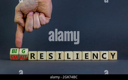 Großes oder kleines Ausfallsicherheits-Symbol. Geschäftsmann dreht Holzwürfel, ändert Wörter kleine Resiliency zu große Resiliency. Schöner grauer Hintergrund, Kopie SPAC Stockfoto