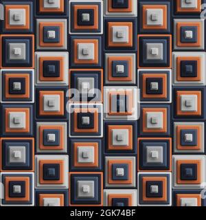 Mehrfarbige geometrische Komposition aus konzentrischen 3D-Würfeln in Orange und Blau. Retro-Style. Nahtlos wiederholtes Muster. Stockfoto