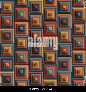 Mehrfarbige geometrische Komposition aus konzentrischen 3D-Würfeln in Orange und Grau. Nahtlos wiederholtes Muster. Stockfoto