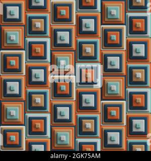 Mehrfarbige geometrische Komposition aus konzentrischen 3D-Würfeln in Orange und Hellblau. Retro-Style. Stockfoto