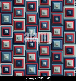 Mehrfarbige geometrische Komposition aus konzentrischen 3D-Würfeln in Rot und Blau. Retro-Style. Nahtlos wiederholtes Muster. Stockfoto