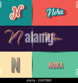 Name Nora in verschiedenen Retro Grafik Design-Elemente, Satz von Vektor Retro Typografie Grafik Design Illustration Stock Vektor