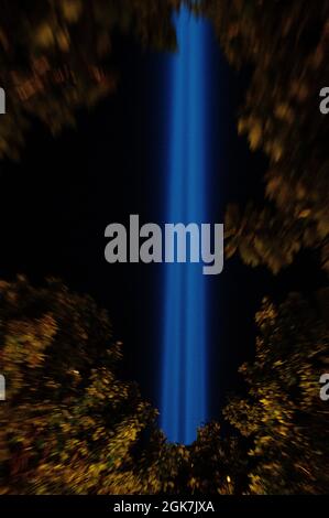 September 11 Tribute Lights umrahmt von Baumblättern. Stockfoto