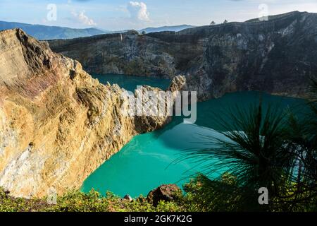 Die Kraterwand zwischen den beiden östlichen Kelimutu Kraterseen. Central Flores, East Nusa Tenggare, Indonesien. Stockfoto