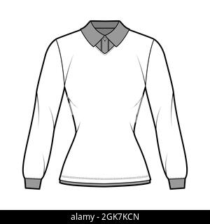 Shirt Doppelkragen technische Mode-Illustration mit langen Ärmeln, Tunika Länge, henley-Ausschnitt, taillierter Body, flacher klassischer Kragen. Bekleidungstop außen Schablone vorne, weiß. CAD-Modell für Frauen Stock Vektor