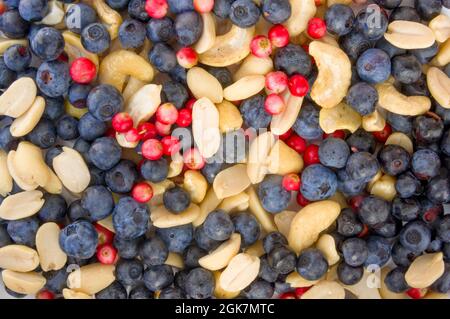 Vollformat Nahaufnahme Waldfrüchte frische Beeren bunt gemischt große Mischung im Studio auf weißem Hintergrund. Isolierte leckere Essensmuster aus Erdnüssen, Cashewkernen, domestizierten, wilden Blaubeeren, Preiselbeeren Stockfoto