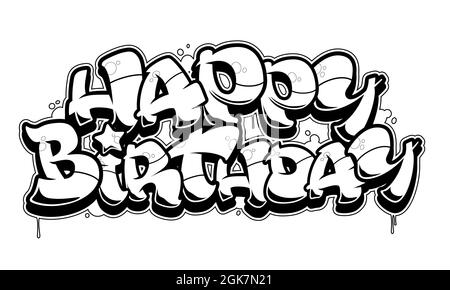 Glückwunschkarte zum Geburtstag. Lesbarer Text im Graffiti-Stil. Schwarze Linie auf weißem Hintergrund isoliert. Stock Vektor